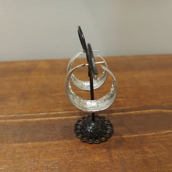 Handmade Mexican 925 Silver Hammered 3/4 Hoop Earrings - Clamshell - Picture 3 of 8